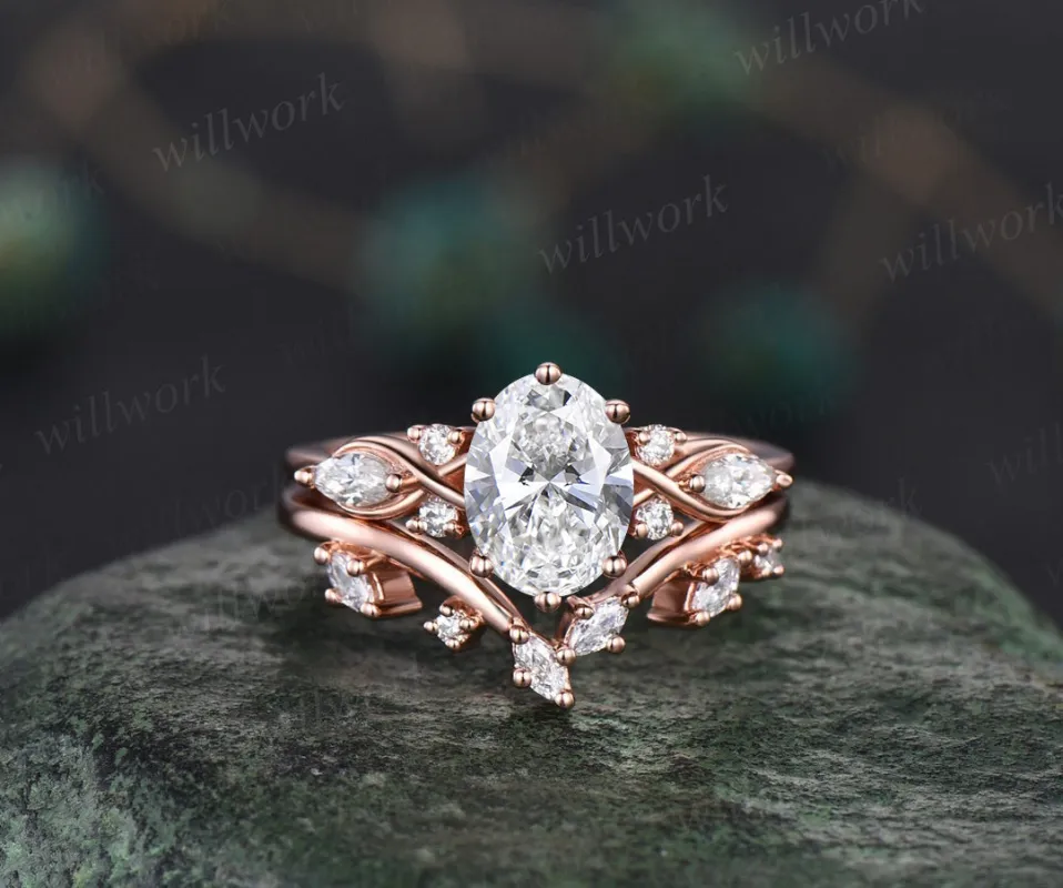 Vintage oval cut IGI lab-grown diamond engagement ring set 14k rose gold marquise cut diamond-accented ring women unique promise bridal wedding ring set sold by Willwork Jewelry