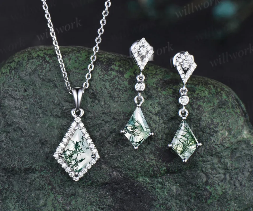Kite cut natural moss agate earrings necklace set solid 14k white gold halo moissanite unique pendant for Women anniversary gift sold by Willwork Jewelry