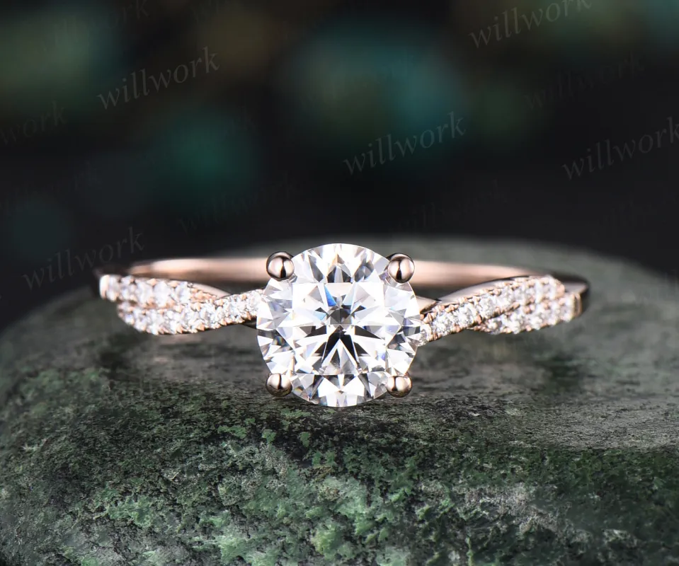 7mm round cut IGI lab-grown diamond engagement ring twisted half eternity diamond-accented proposal ring anniversary gifts for women made by Willwork Jewelry