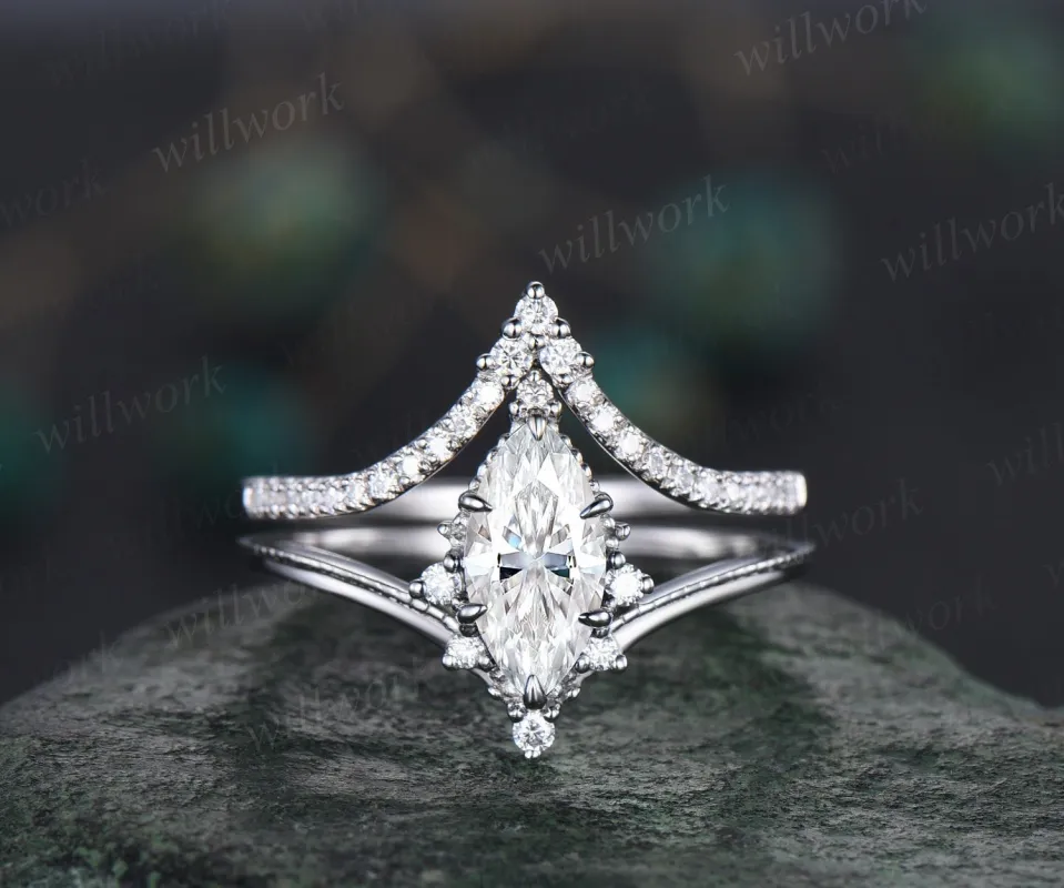 Vintage marquise cut IGI lab-grown diamond engagement ring solid 14k white gold retro claw 6 prong diamond-accented bridal wedding ring set sold by Willwork Jewelry