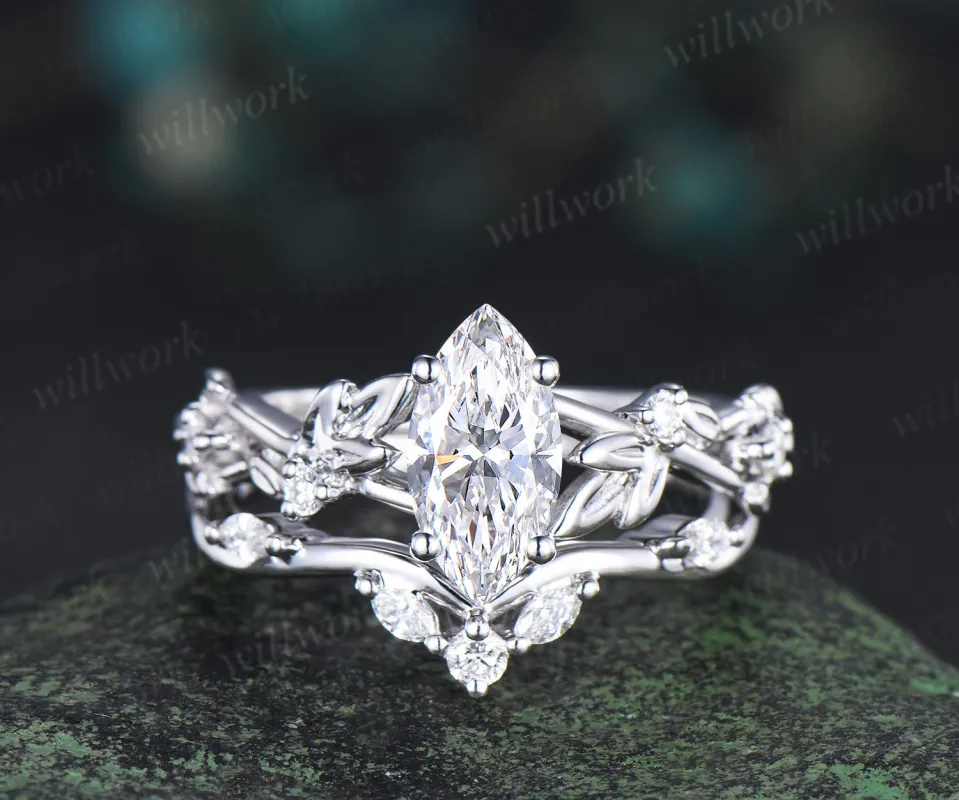 Nature inspired marquise cut IGI lab-grown diamond engagement ring women twig leaf white gold ring branch diamond-accented bridal ring set sold by Willwork Jewelry