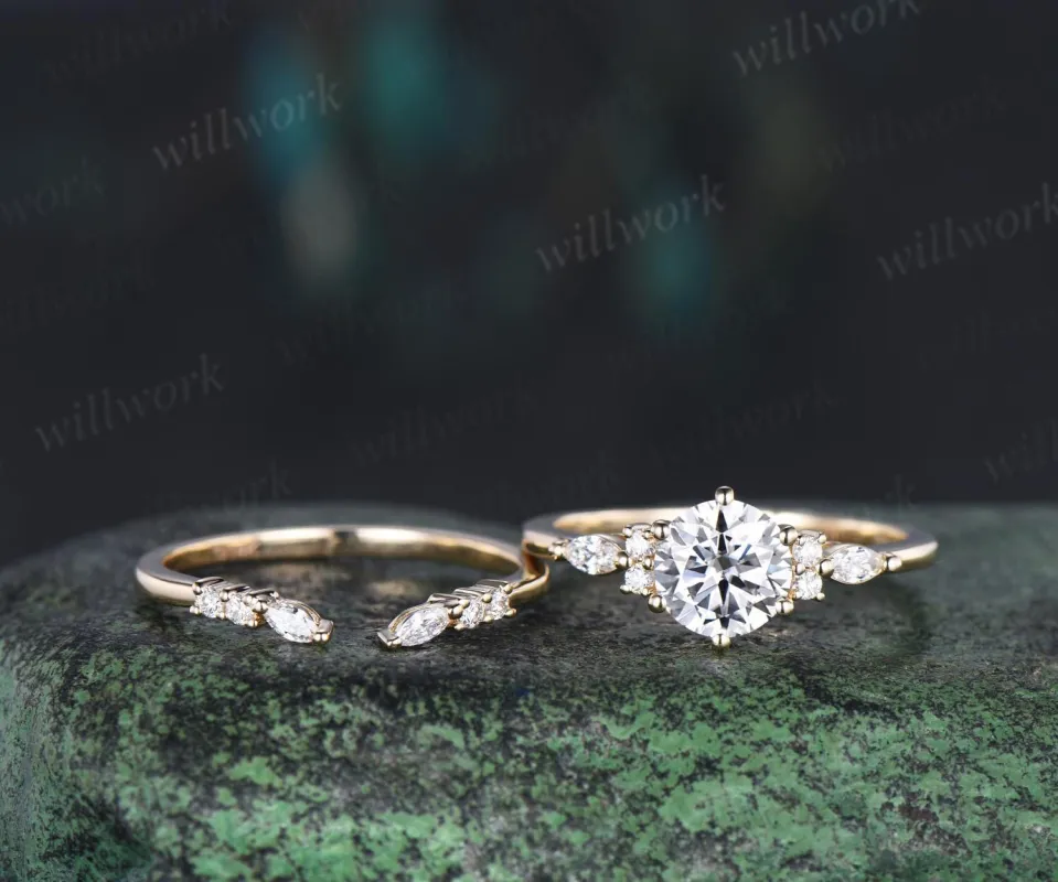 1ct round cut moissanite IGI lab grown diamond engagement ring set women solid 14k yellow gold 6 prong promise ring open gap wedding band sold by Willwork Jewelry