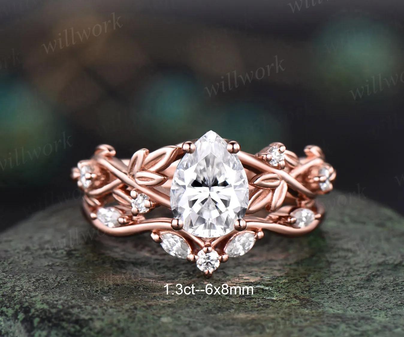 Nature inspired twig pear shaped IGI lab-grown diamond engagement ring set rose gold five stone leaf branch ring diamond-accented wedding ring set women jewelry sold by Willwork Jewelry