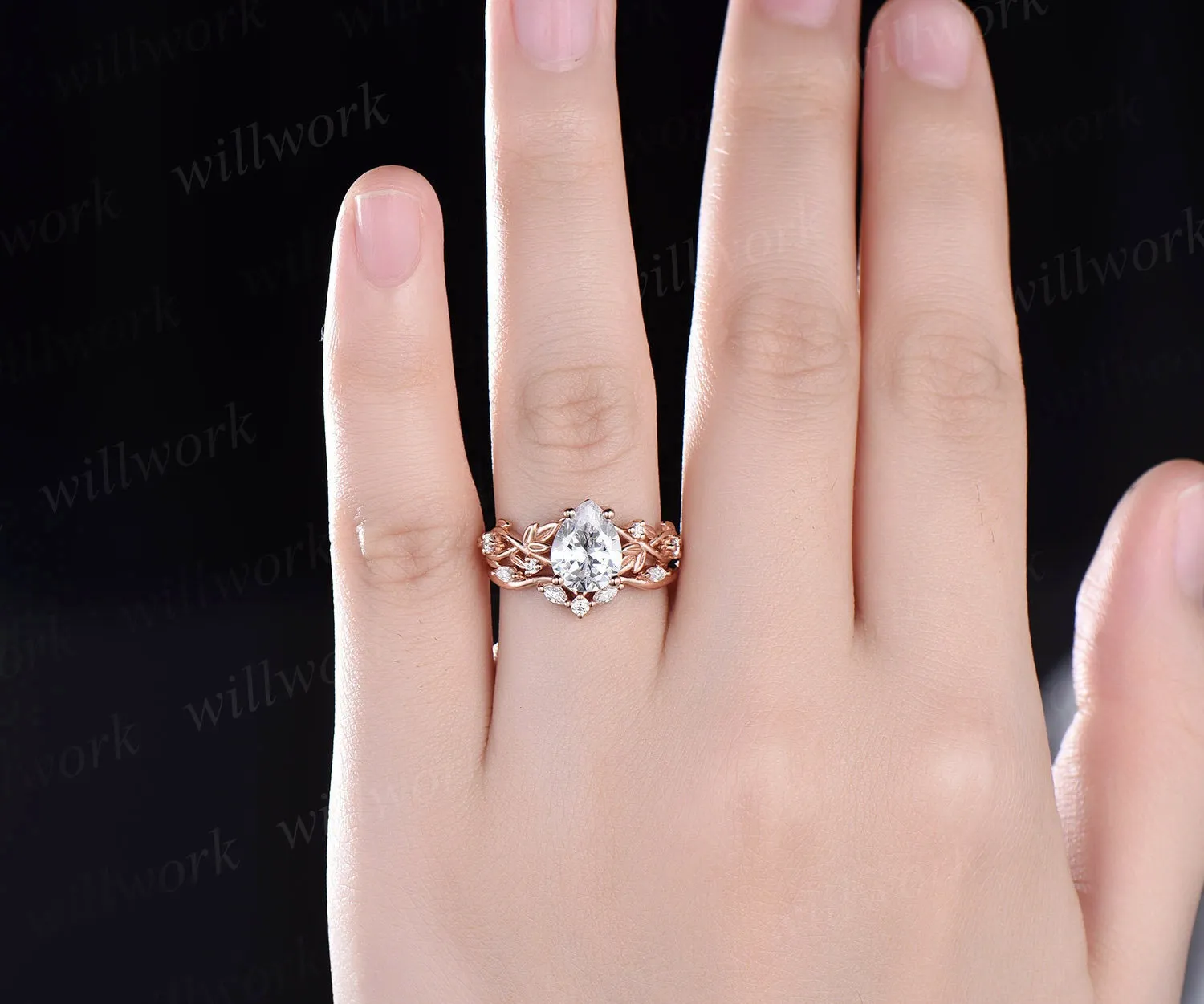 Nature inspired twig pear shaped IGI lab-grown diamond engagement ring set rose gold five stone leaf branch ring diamond-accented wedding ring set women jewelry sold by Willwork Jewelry product image thumbnail 2
