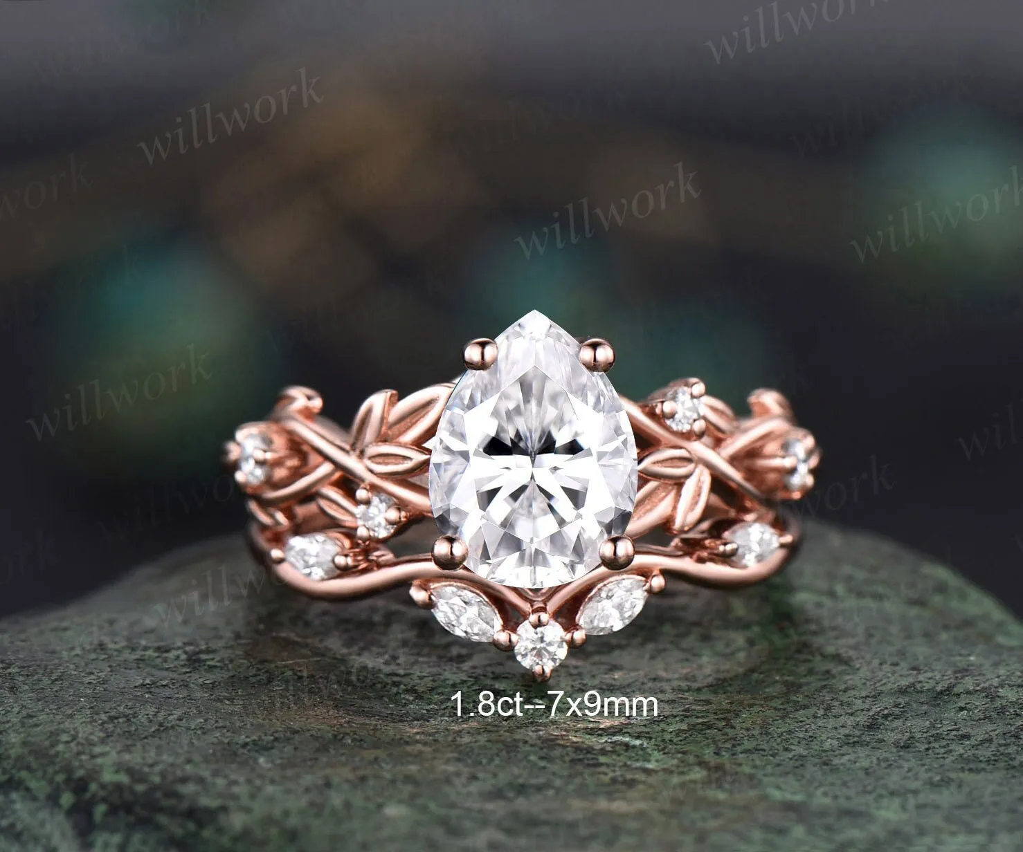 Nature inspired twig pear shaped IGI lab-grown diamond engagement ring set rose gold five stone leaf branch ring diamond-accented wedding ring set women jewelry sold by Willwork Jewelry product image thumbnail 4