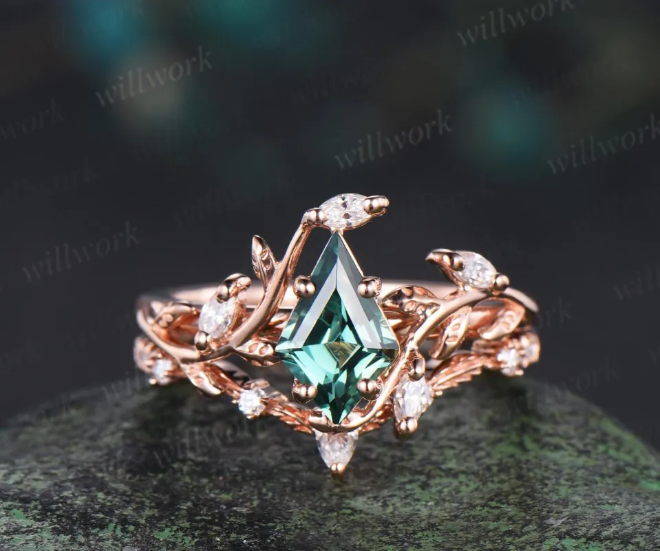 Vintage kite cut green sapphire engagement ring 14k rose gold leaf nature inspired  women unique cluster diamond promise wedding ring set sold by Willwork Jewelry