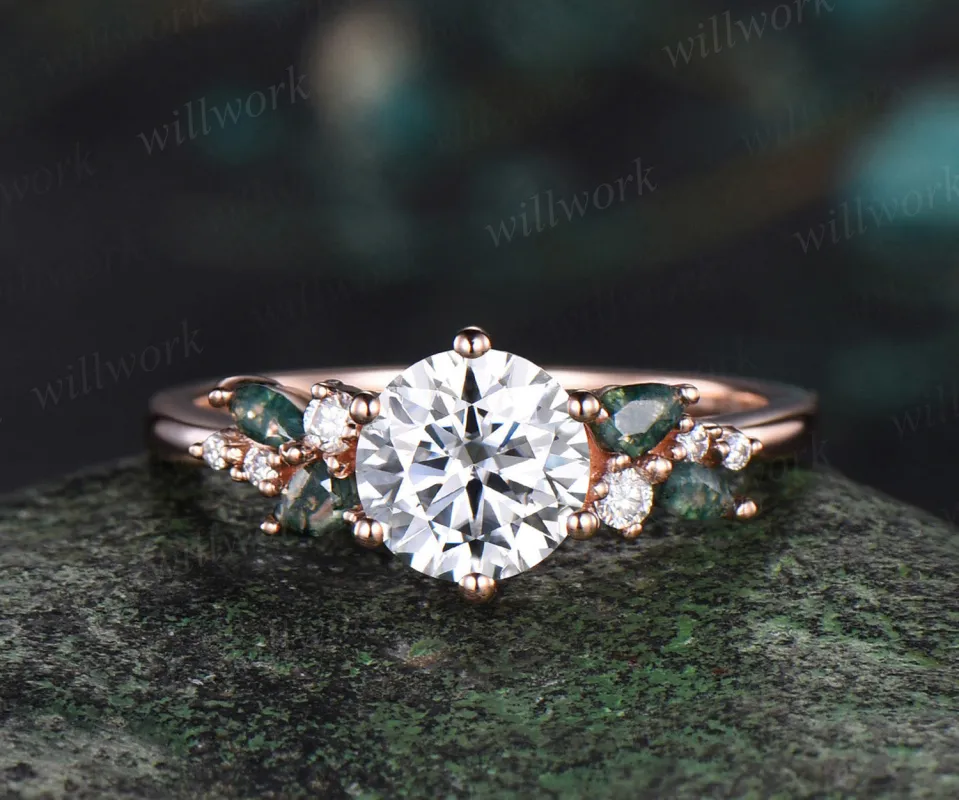 1ct Round cut IGI lab-grown diamond engagement ring rose gold 6 prong snowdrift moss agate diamond accented anniversary promise ring women made by Willwork Jewelry