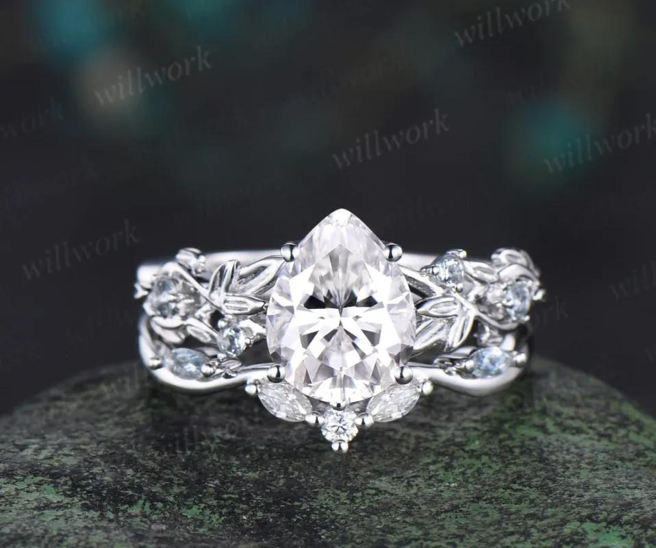 Pear shaped moissanite ring leaf infinity nature inspired engagement ring set 18k white gold aquamarine promise wedding ring set jewelry made by Willwork Jewelry