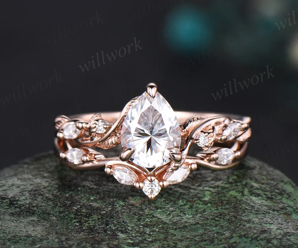 Pear cut IGI lab-grown diamond engagement Ring Set vintage rose gold Twist Leaf Vine diamond Ring Nature Inspired Branch promise Bridal ring Set women sold by Willwork Jewelry
