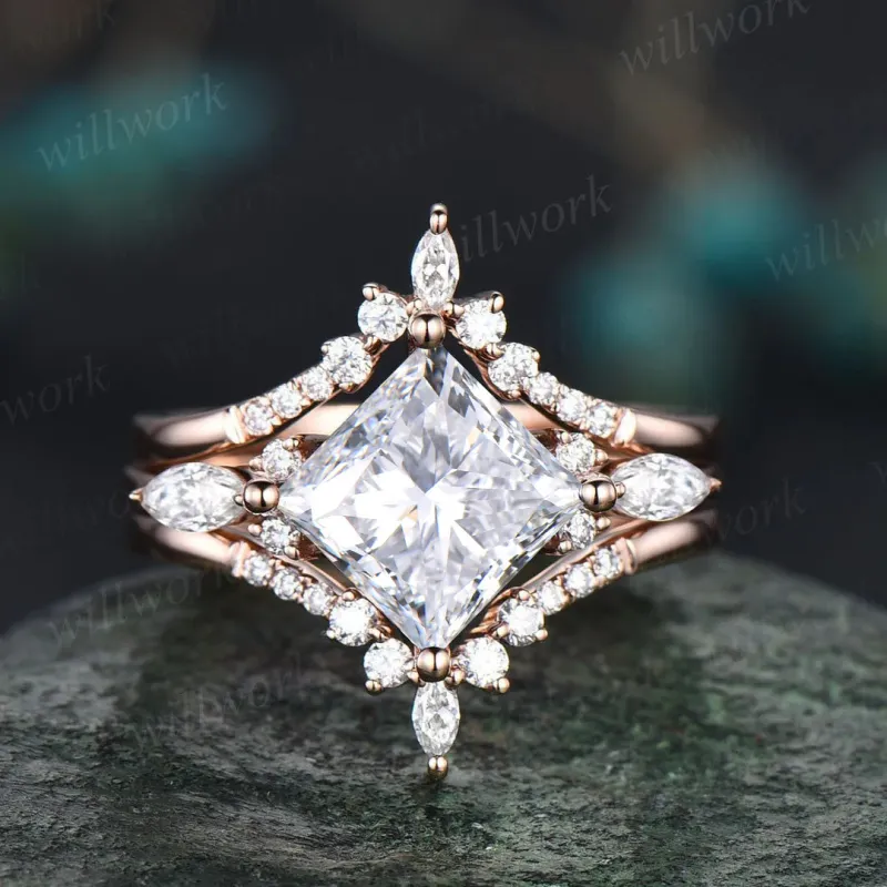 Princess cut IGI lab-grown diamond engagement ring set 14k rose gold unique engagement ring marquise cut diamon-accented ring set fine jewelry women sold by Willwork Jewelry