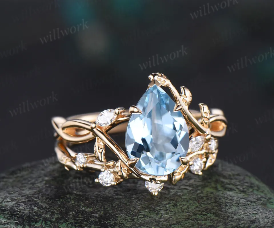 Pear cut aquamarine ring vintage infinity split shank engagement ring set art deco leaf diamond ring women retro unique bridal set gift made by Willwork Jewelry