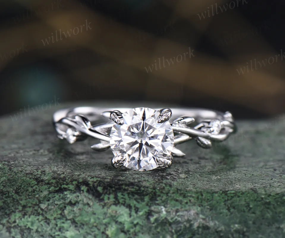 1ct Round brillant cut IGI lab-grown diamond engagement ring nature inspired leaf twig diamond ring infinity wedding band bridal gifts made by Willwork Jewelry