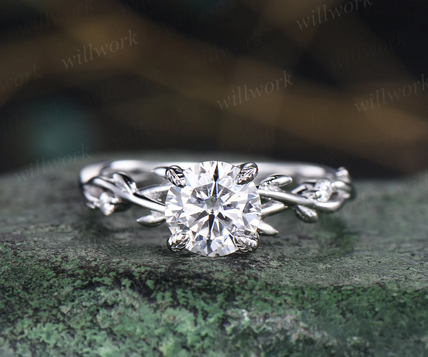 1ct Round brillant cut IGI lab-grown diamond engagement ring nature inspired leaf twig diamond ring infinity wedding band bridal gifts sold by Willwork Jewelry