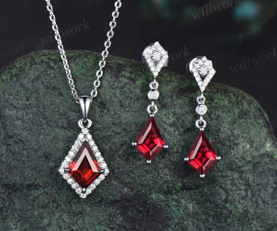 Kite cut red ruby earrings necklace set solid 14k white gold bezel halo moissanite unique pendant for Women anniversary gift made by Willwork Jewelry