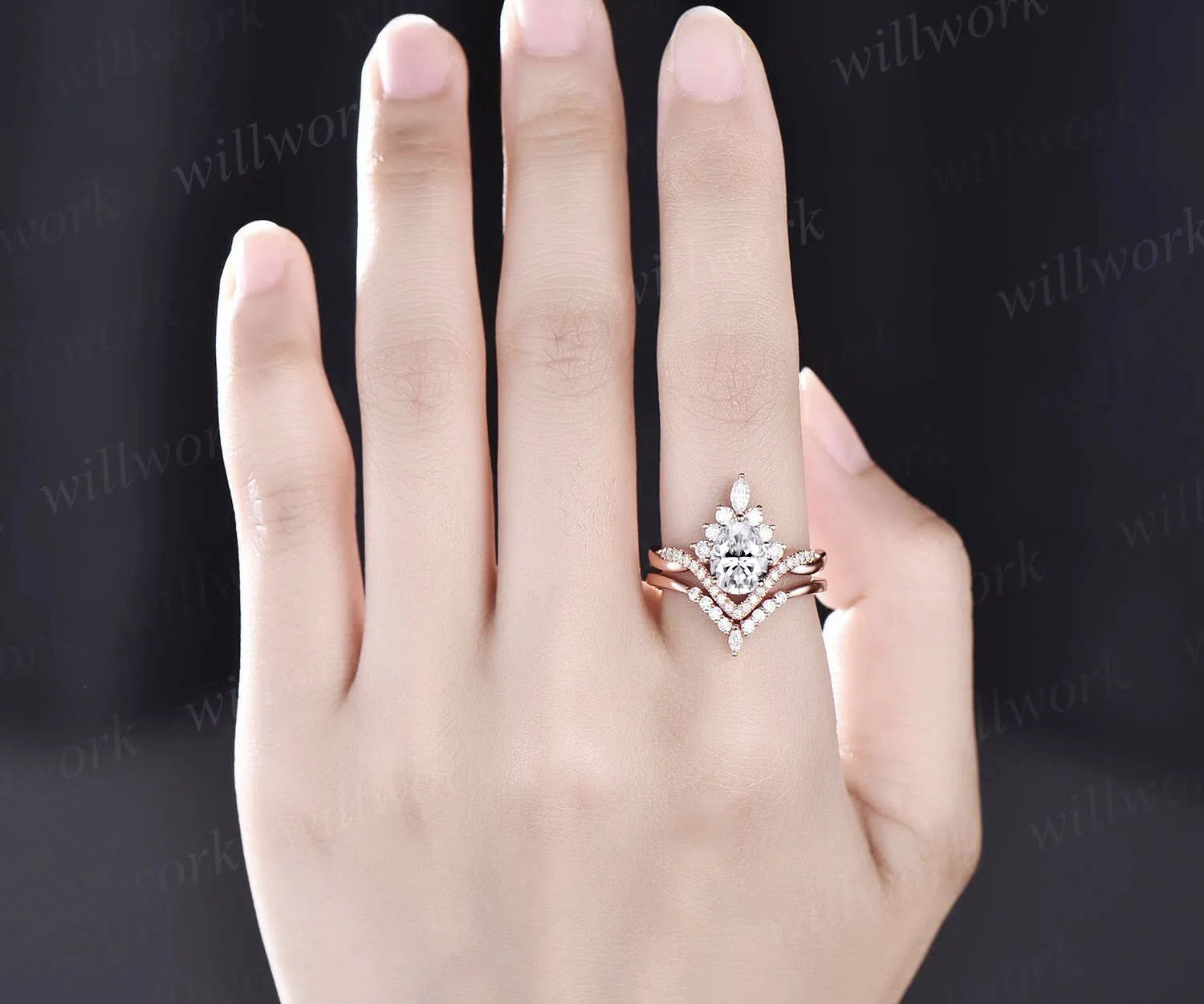 Pear cut IGI lab-grown daimond infinity halo diamond engagement ring set twisted half eternity wedding ring women sold by Willwork Jewelry product image thumbnail 2