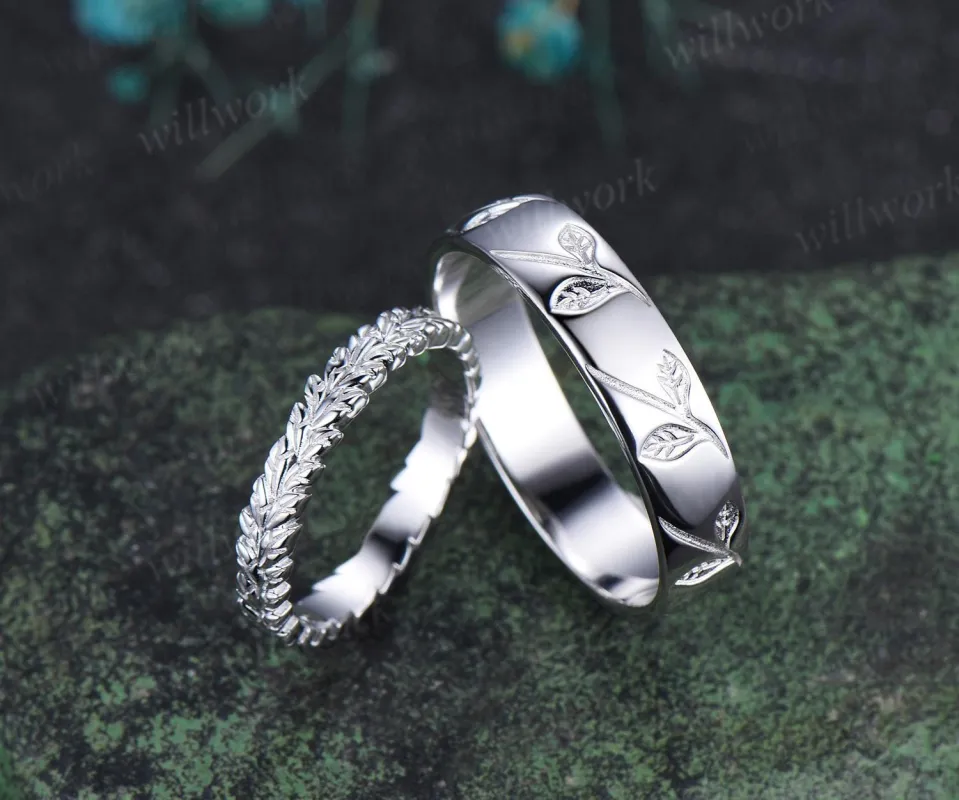 Leaf wedding band mens women full eternity nature inspired wedding ring set 14k white gold couple rings art deco anniversary ring gift sold by Willwork Jewelry