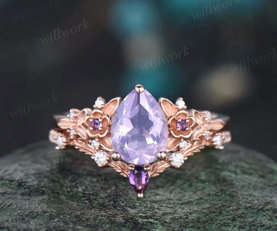 Pear cut Lavender Amethyst ring rose gold leaf floral unique engagement ring set February birthstone ring silver crystal ring sold by Willwork Jewelry