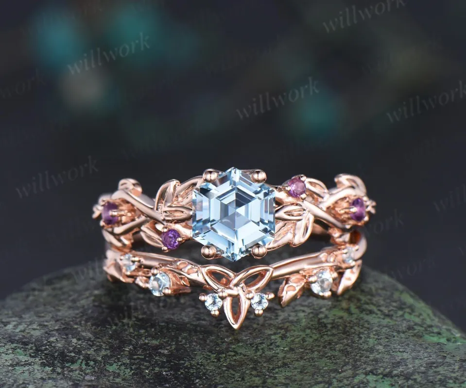 Hexagon cut natural aquamarine engagement ring set amethyst nature inspired Celtic knot wedding ring band women bridal set women jewelry sold by Willwork Jewelry