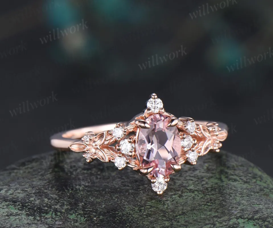 Oval cut pink morganite ring vintage leaf cluster nature inspired engagement ring 14k rose gold unique diamond promise ring women made by Willwork Jewelry