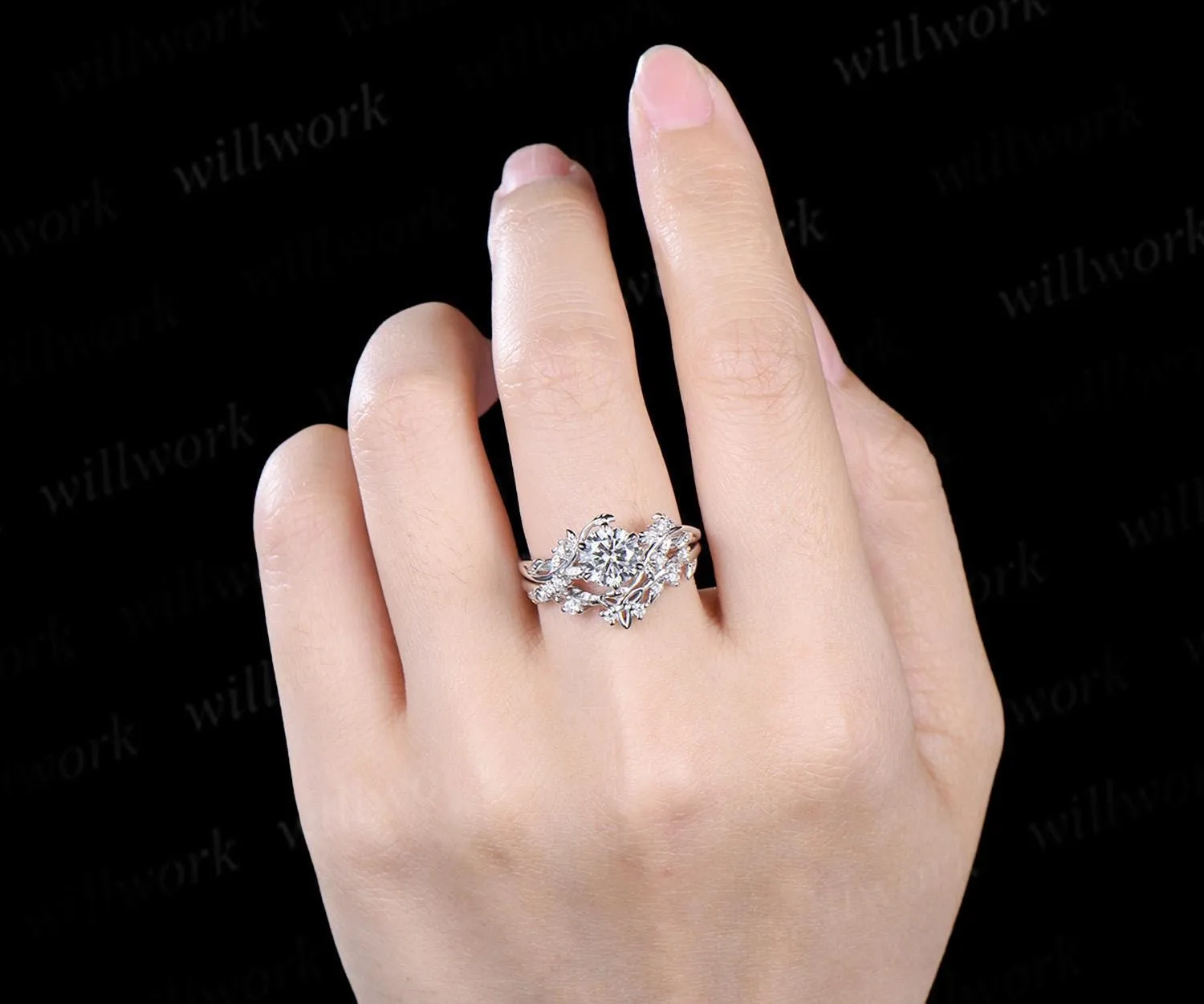 Vintage 1ct round cut moissanite IGI lab grown diamond ring nature inspired leaf engagement ring set women 14k white gold wedding ring women sold by Willwork Jewelry product image thumbnail 2