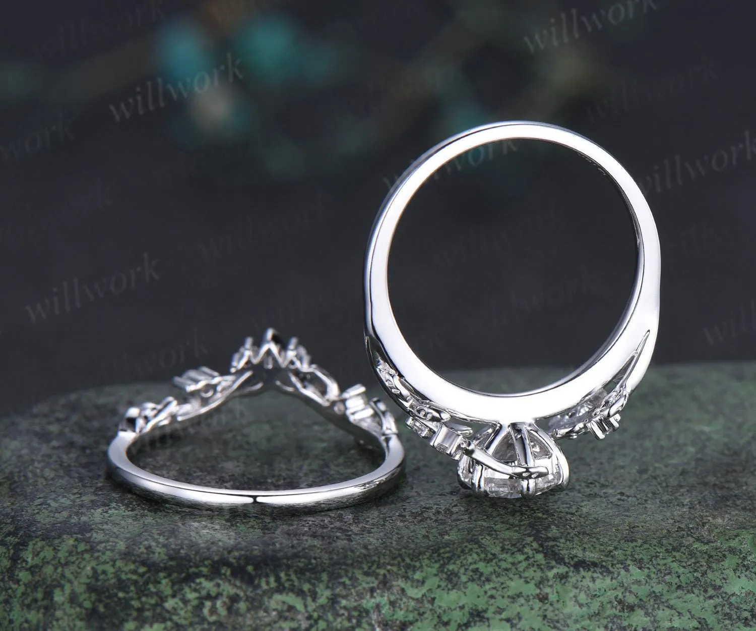 Vintage 1ct round cut moissanite IGI lab grown diamond ring nature inspired leaf engagement ring set women 14k white gold wedding ring women sold by Willwork Jewelry product image thumbnail 4