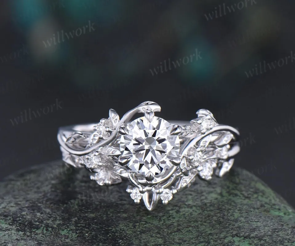 Vintage 1ct round cut moissanite IGI lab grown diamond ring nature inspired leaf engagement ring set women 14k white gold wedding ring women sold by Willwork Jewelry