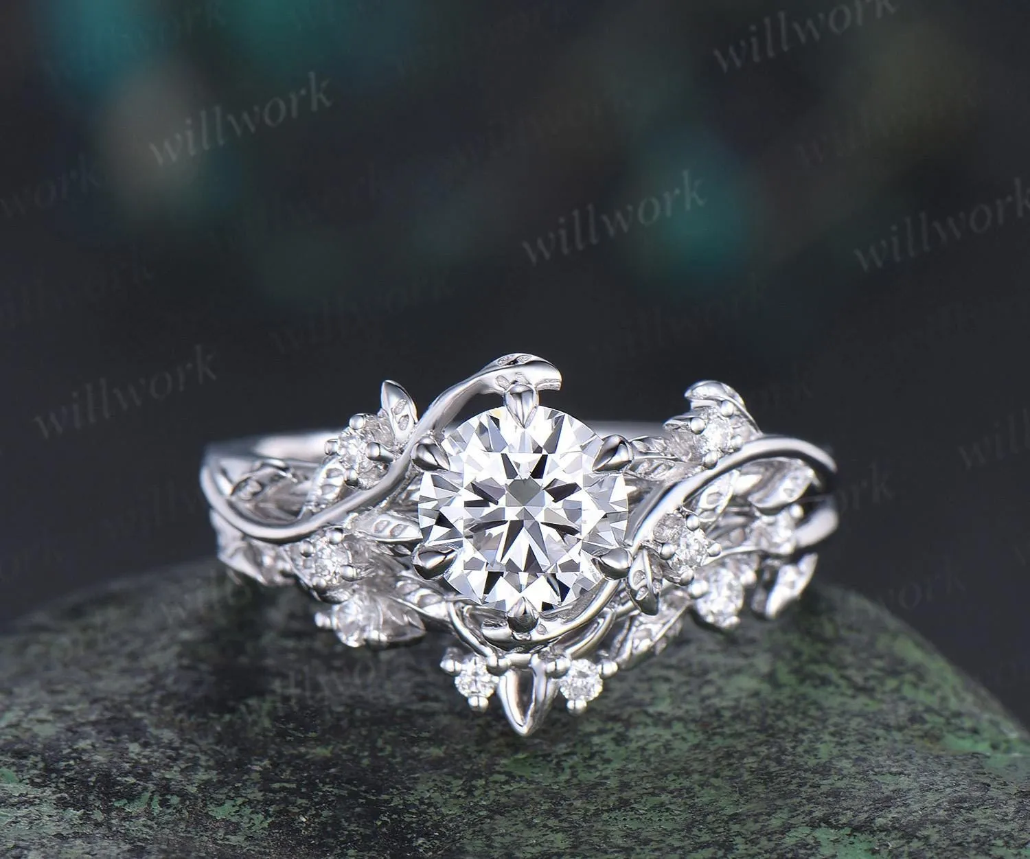 Vintage 1ct round cut moissanite IGI lab grown diamond ring nature inspired leaf engagement ring set women 14k white gold wedding ring women sold by Willwork Jewelry