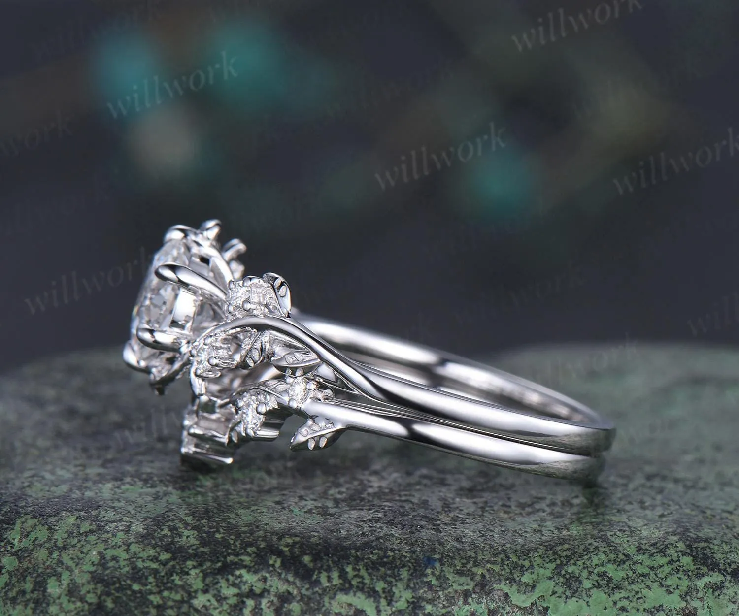 Vintage 1ct round cut moissanite IGI lab grown diamond ring nature inspired leaf engagement ring set women 14k white gold wedding ring women sold by Willwork Jewelry product image thumbnail 5