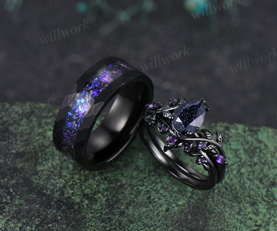 Twig Leaf Pear Blue Sandstone Amethyst Ring Set& Tungsten Galaxy Nebula Mens Band Unique Couple Ring Set sold by Willwork Jewelry