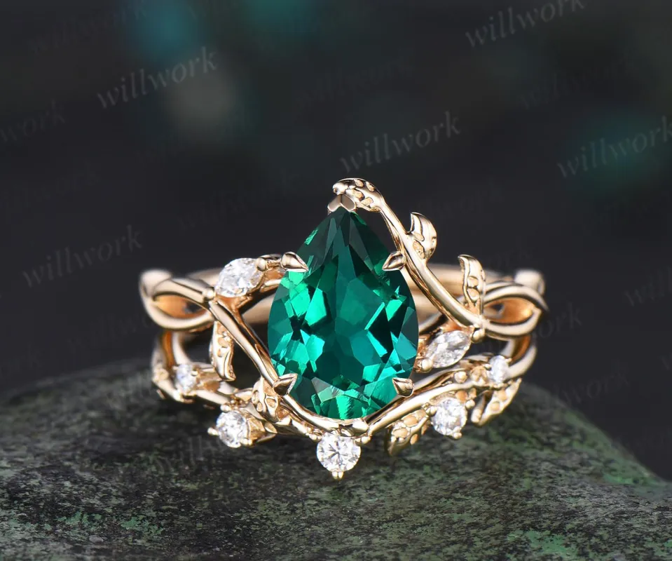 Pear cut green emerald ring vintage infinity split shank engagement ring set art deco leaf diamond ring women retro unique bridal set gift sold by Willwork Jewelry