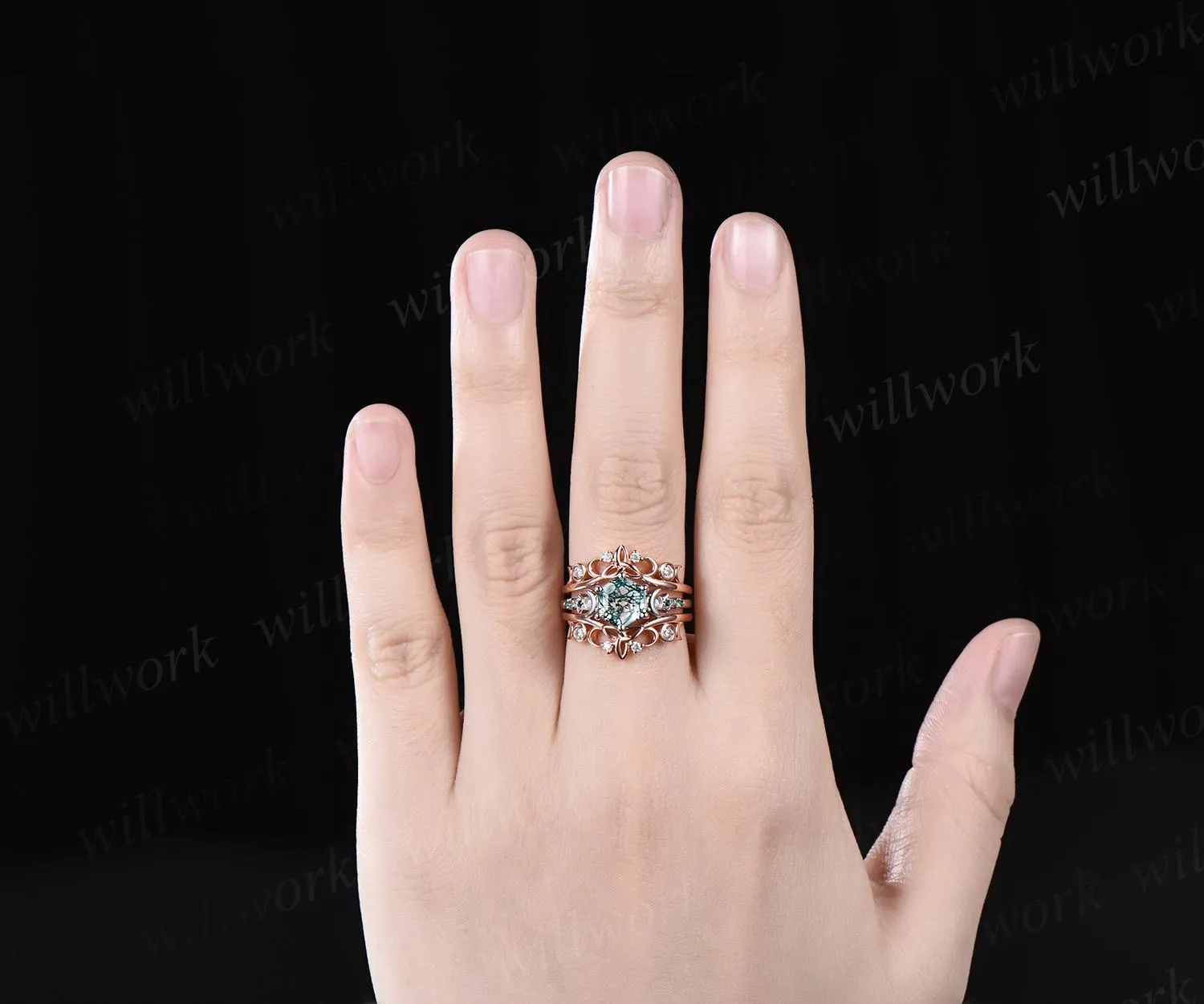 Hexagon cut moss agate engagement ring set white gold moon star emerald wedding ring set Celtic knot enhancer bridal set women jewelry sold by Willwork Jewelry product image thumbnail 4