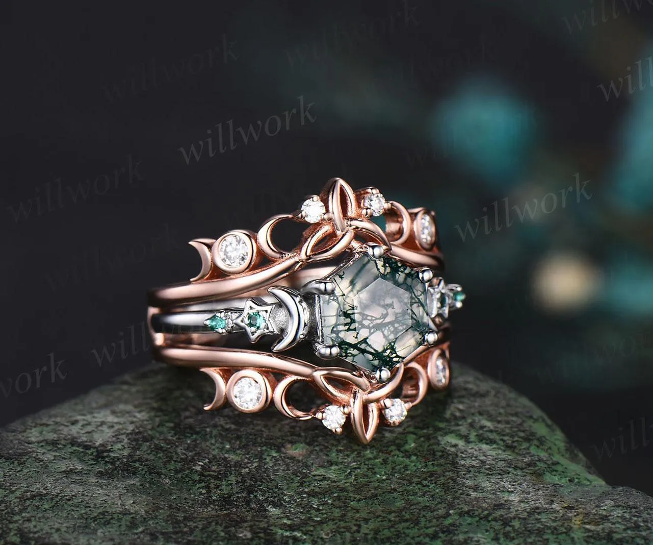 Hexagon cut moss agate engagement ring set white gold moon star emerald wedding ring set Celtic knot enhancer bridal set women jewelry sold by Willwork Jewelry product image thumbnail 2