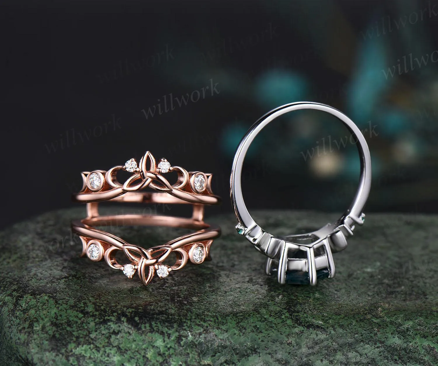Hexagon cut moss agate engagement ring set white gold moon star emerald wedding ring set Celtic knot enhancer bridal set women jewelry sold by Willwork Jewelry product image thumbnail 5