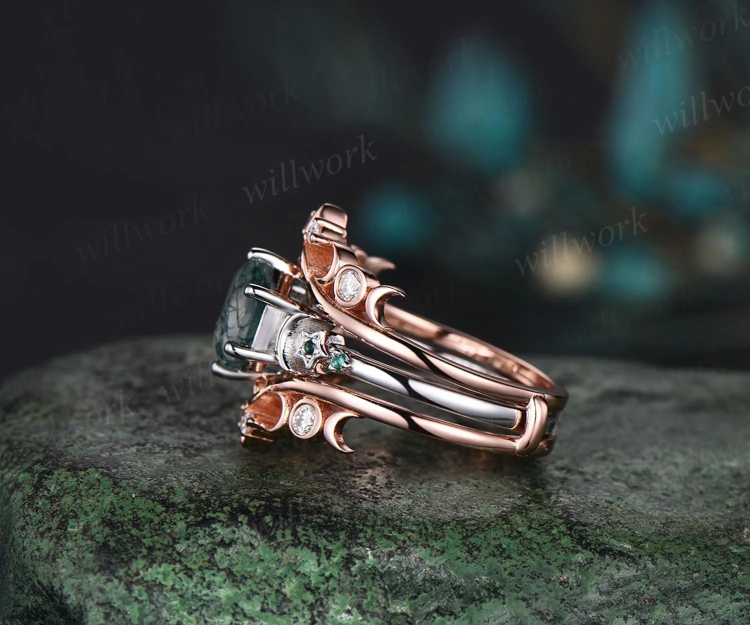 Hexagon cut moss agate engagement ring set white gold moon star emerald wedding ring set Celtic knot enhancer bridal set women jewelry sold by Willwork Jewelry product image thumbnail 3