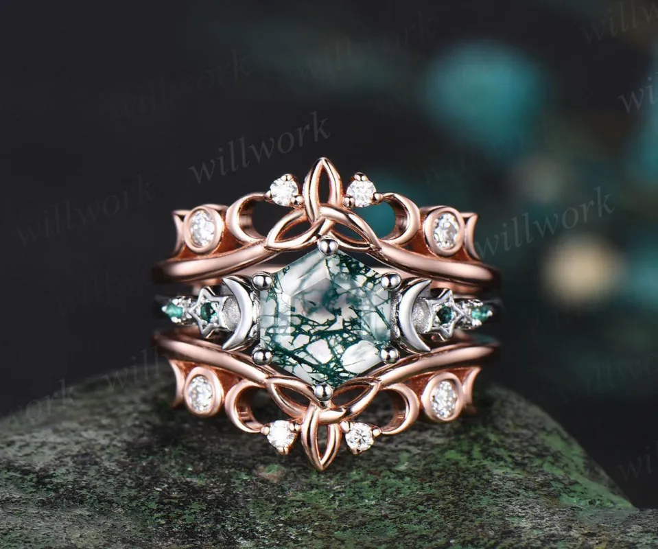 Hexagon cut moss agate engagement ring set white gold moon star emerald wedding ring set Celtic knot enhancer bridal set women jewelry sold by Willwork Jewelry