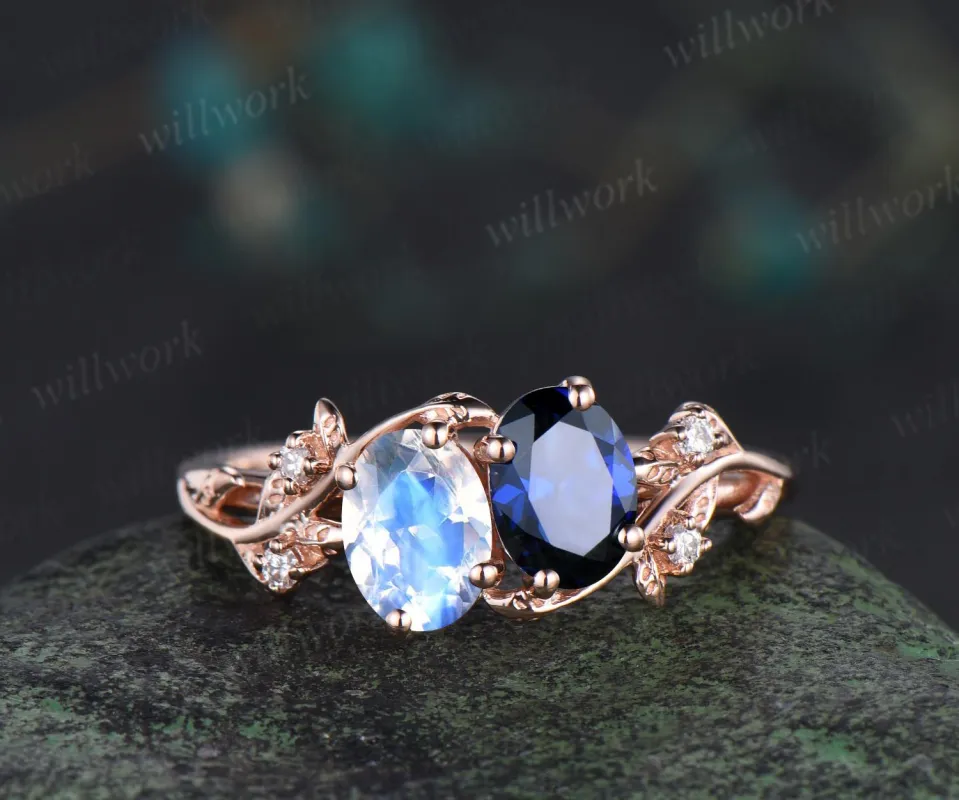 Oval cut moonstone sapphire ring vintage rose gold leaf nature inspired engagement ring five stone diamond wedding promise ring women sold by Willwork Jewelry