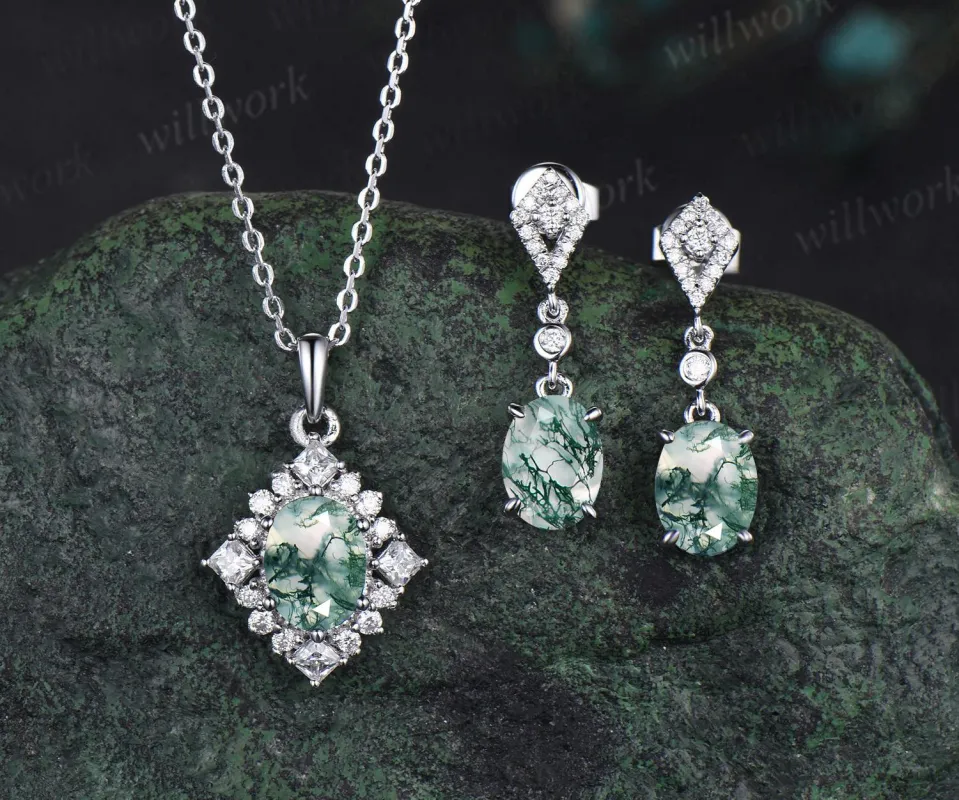 Vintage oval cut natural moss agate earrings necklace set 18k white gold princess moissanite unique pendant for women anniversary gift sold by Willwork Jewelry