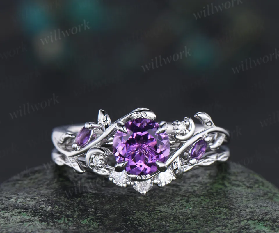 1ct round cut natural amethyst engagement ring set unique moon leaves vines ring promise bridal set gifts for her sold by Willwork Jewelry