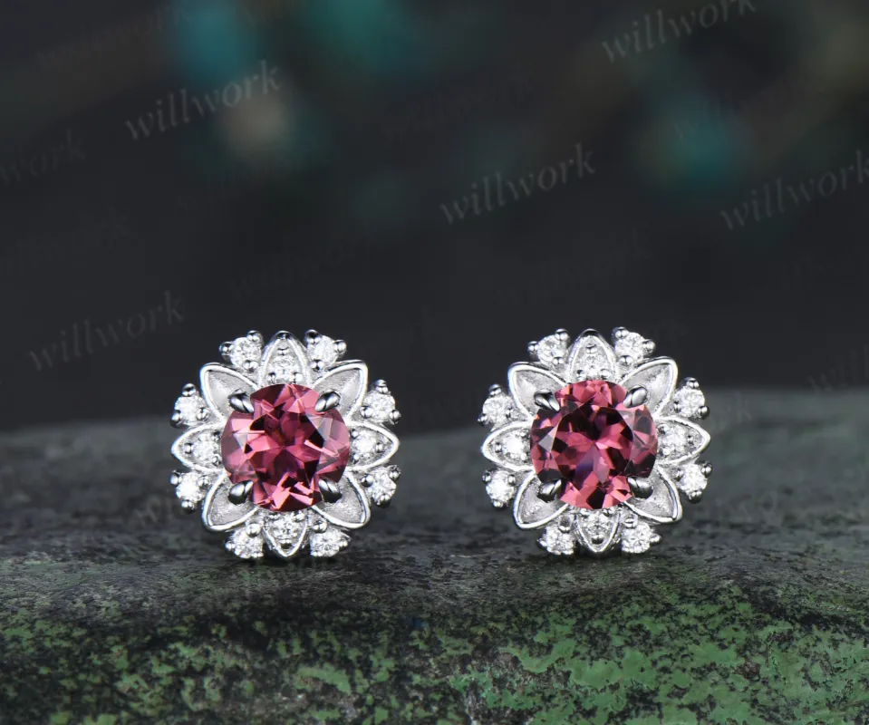 Round cut natural pink tourmaline floral earrings unique moissanite halo stud earrings for women graduation birthday anniversary gift made by Willwork Jewelry