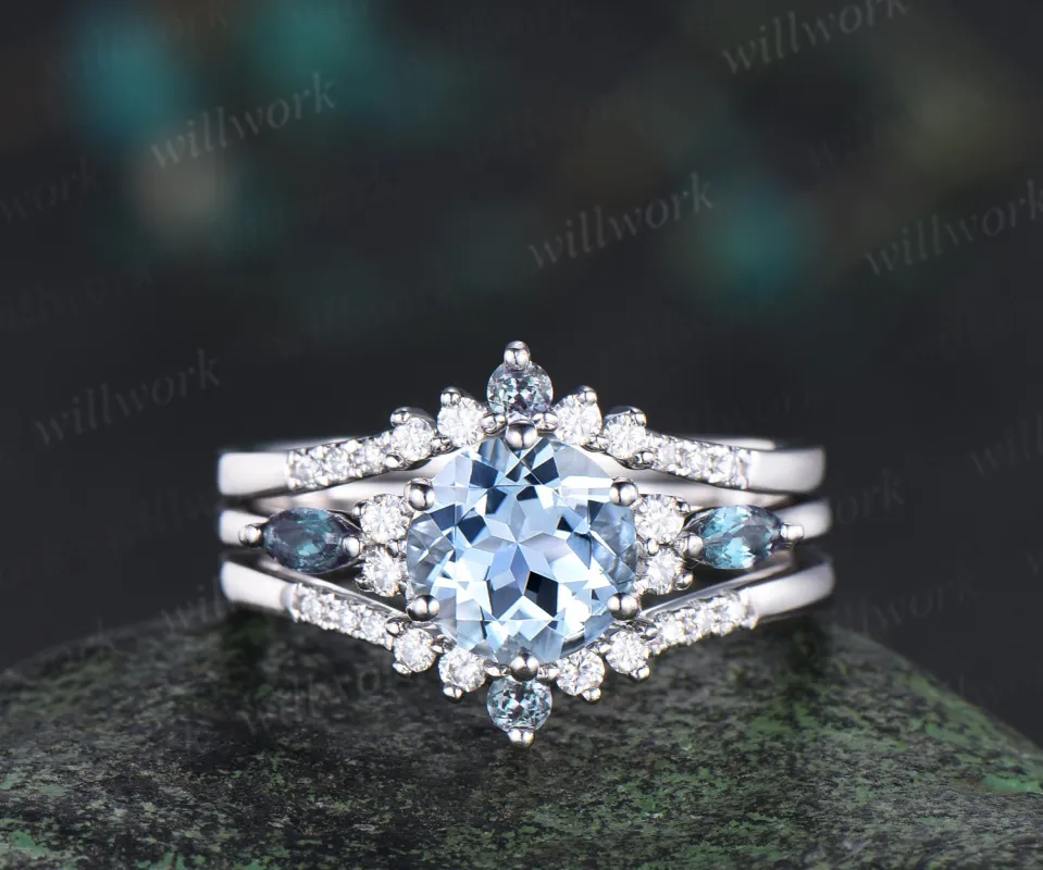 Round cut natural aquamarine engagement ring set marquise alexandrite accents ring curved moissanite alexandrite bands March birthstone bridal set gifts for women sold by Willwork Jewelry