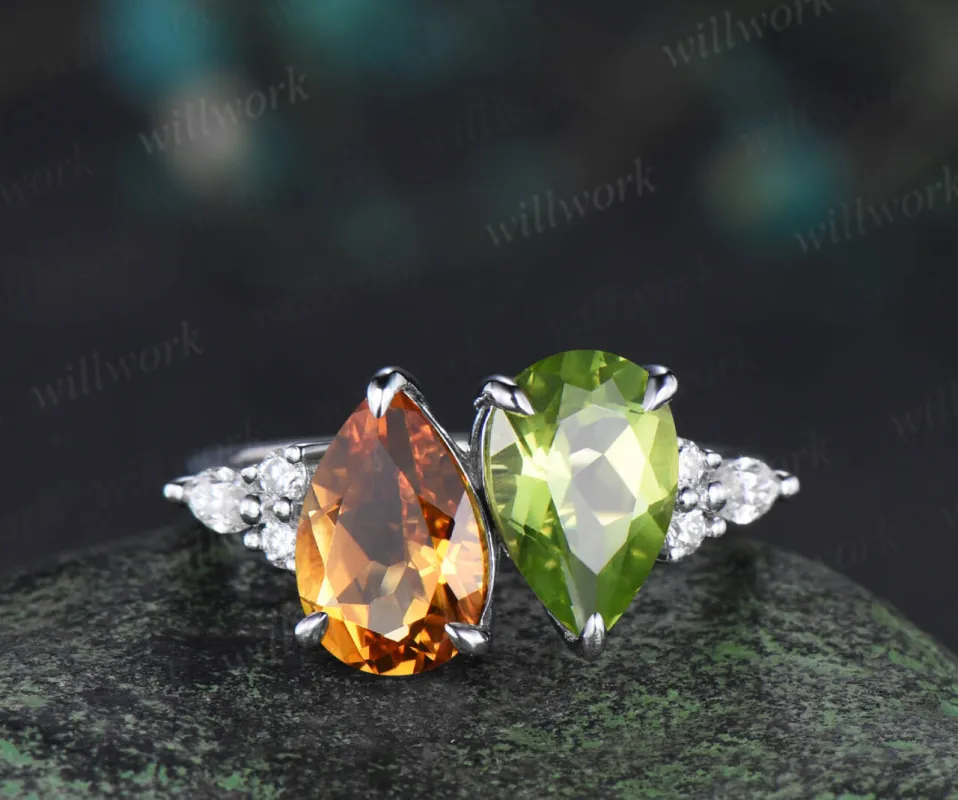 Unique pear cut citrine engagement ring teardrop peridot Toi et Moi ring dainty anniversary ring women sold by Willwork Jewelry