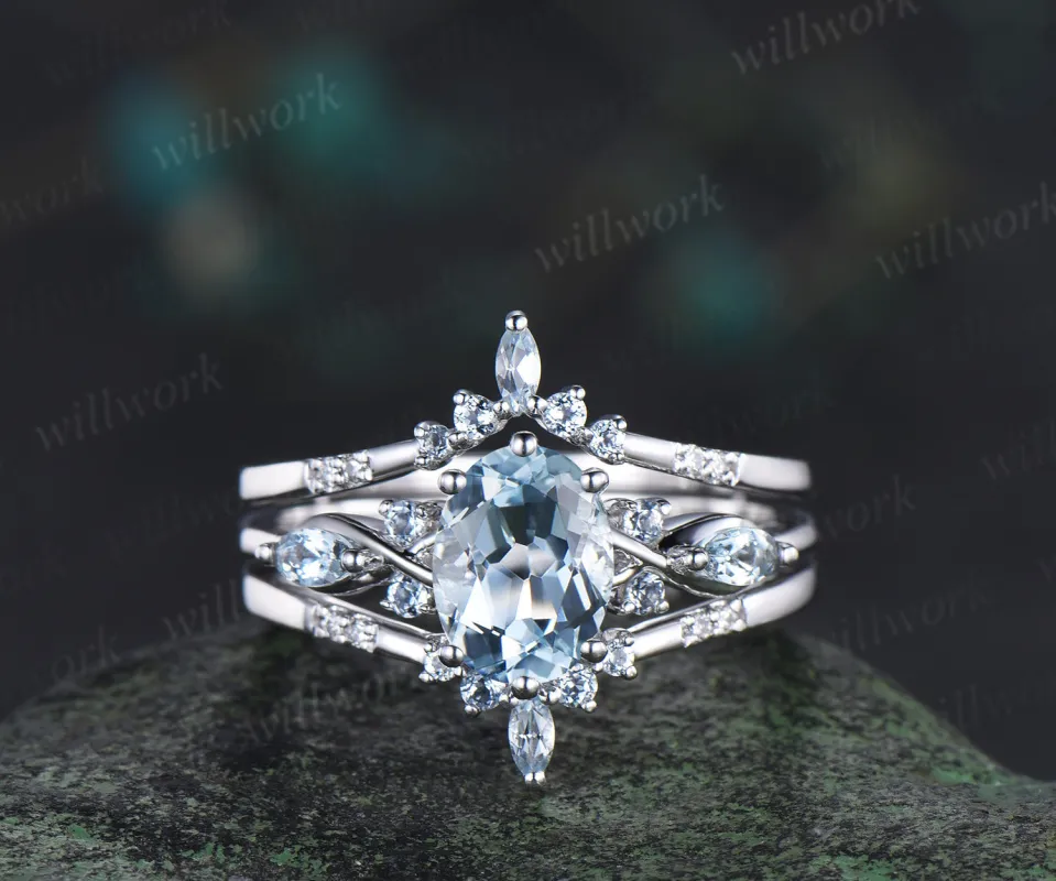 Oval cut aquamarine engagement ring set 14k white gold marquise aquamarine promise ring double layered enhancer band wrap bridal set sold by Willwork Jewelry