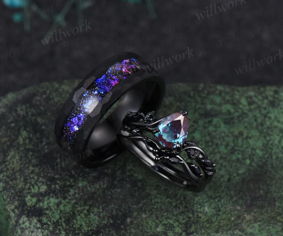 Nature Inspired Pear Alexandrite Black Spinel Ring Set& Tungsten Galaxy Nebula Mens Band Couple Ring Set sold by Willwork Jewelry