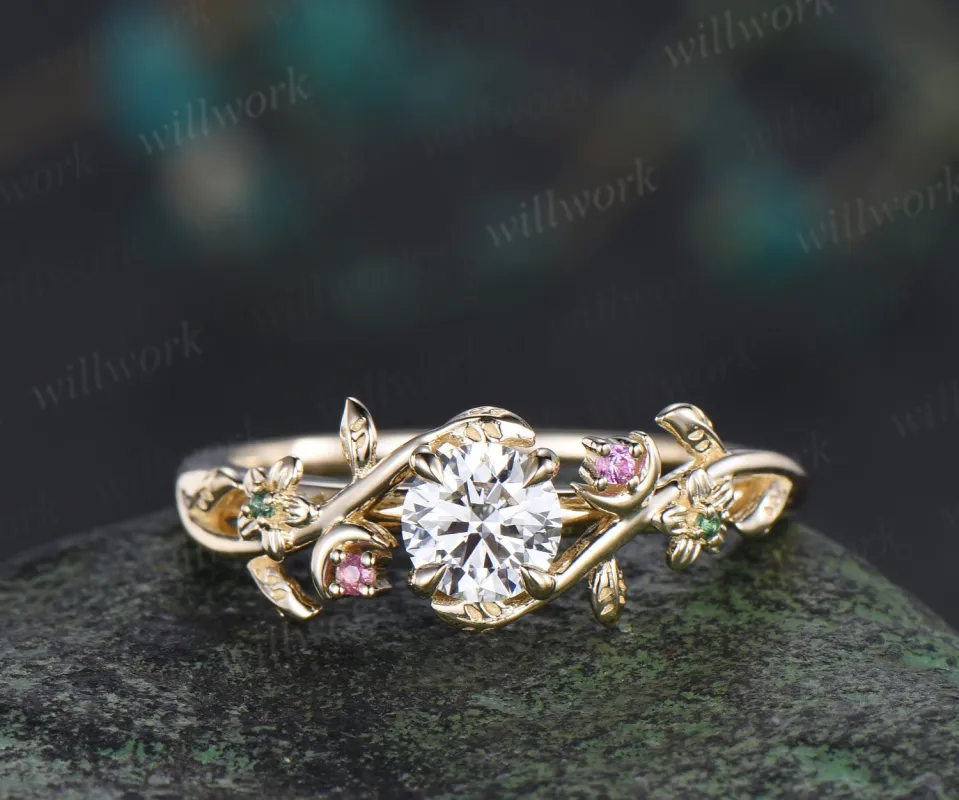 5mm round cut IGI lab grown diamond floral leaf moon pink tourmaline emerald ring solid yellow gold promise ring gifts for her made by Willwork Jewelry