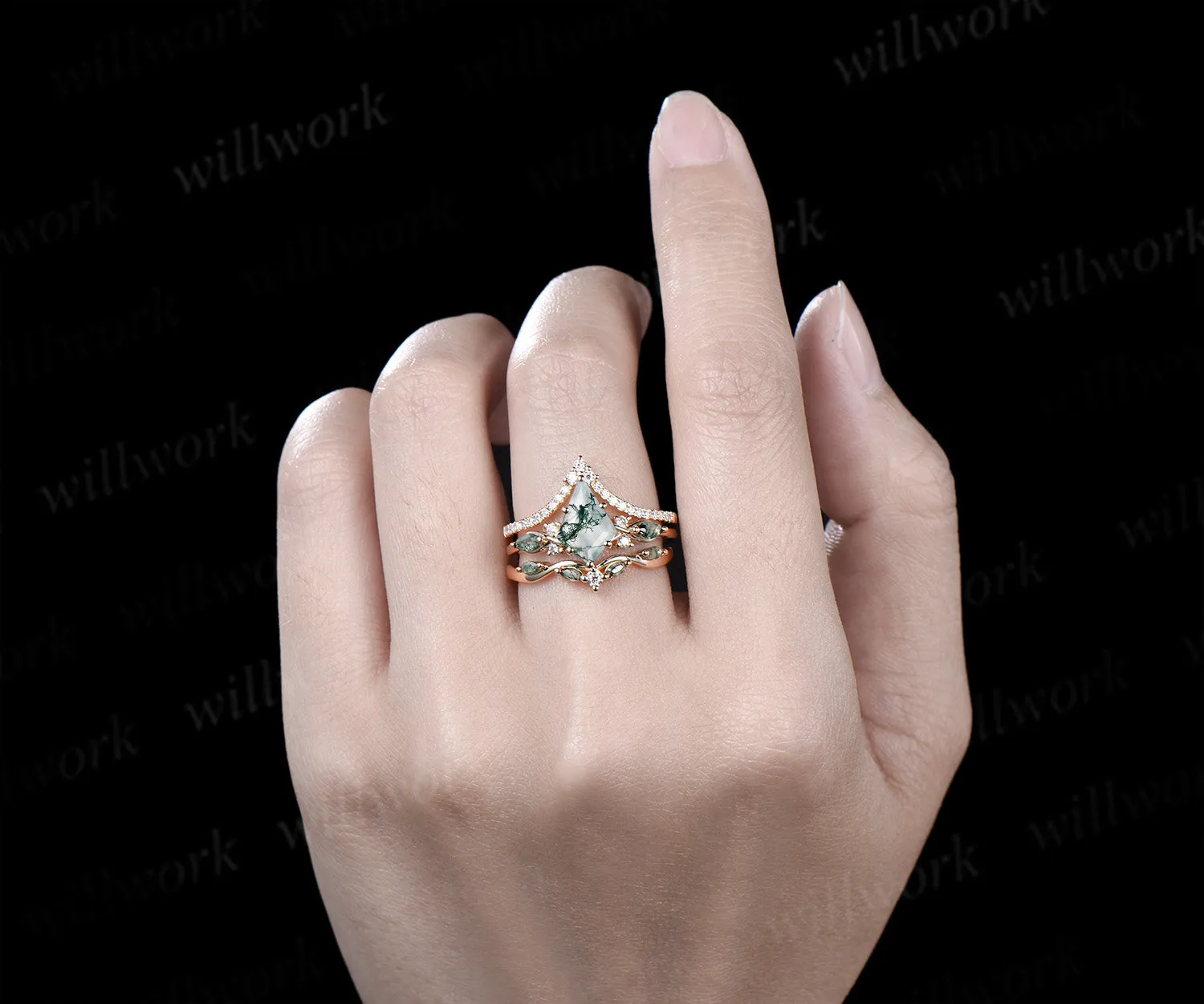 Kite cut moss agate engagement ring set unique marquise moss agate ring diamonds half eternity curved wedding band vintage bridal set sold by Willwork Jewelry product image thumbnail 2