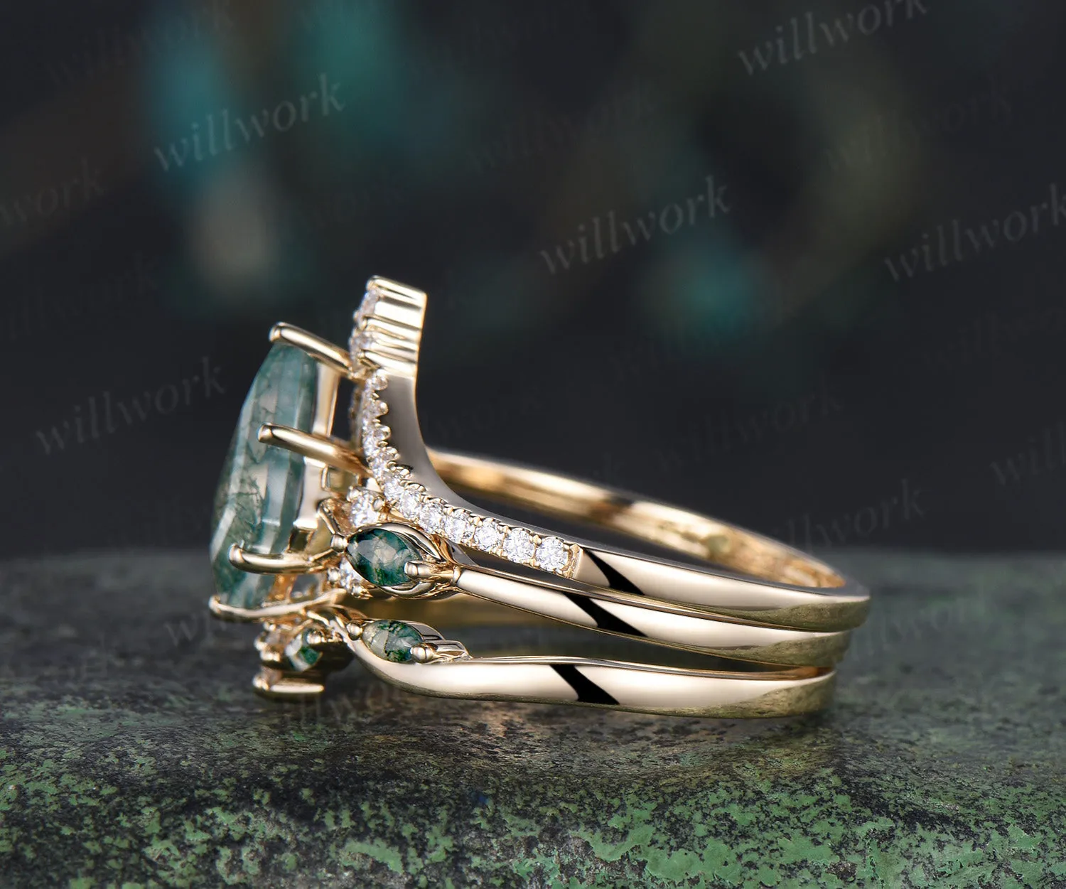 Kite cut moss agate engagement ring set unique marquise moss agate ring diamonds half eternity curved wedding band vintage bridal set sold by Willwork Jewelry product image thumbnail 3