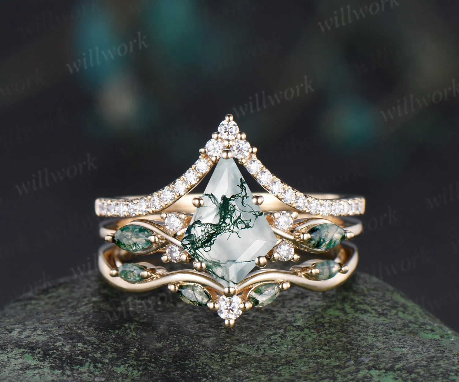 Kite cut moss agate engagement ring set unique marquise moss agate ring diamonds half eternity curved wedding band vintage bridal set sold by Willwork Jewelry