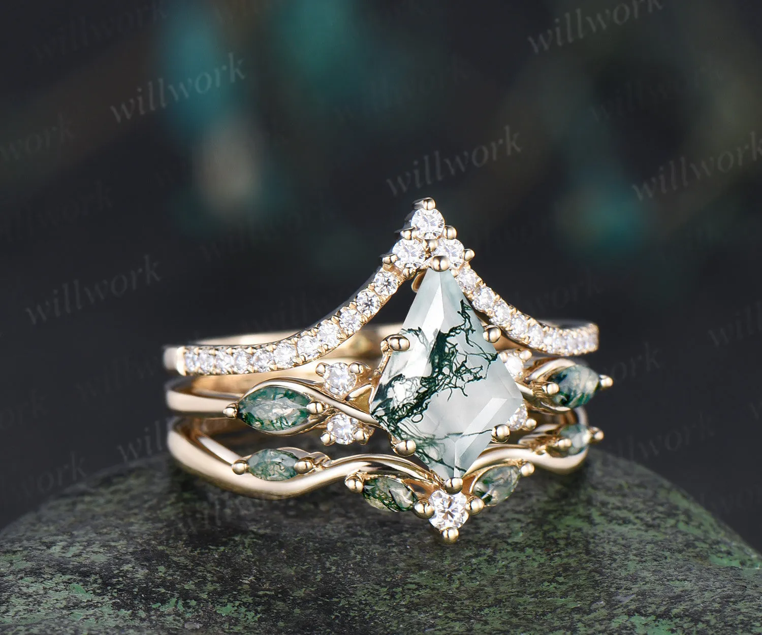 Kite cut moss agate engagement ring set unique marquise moss agate ring diamonds half eternity curved wedding band vintage bridal set sold by Willwork Jewelry product image thumbnail 4