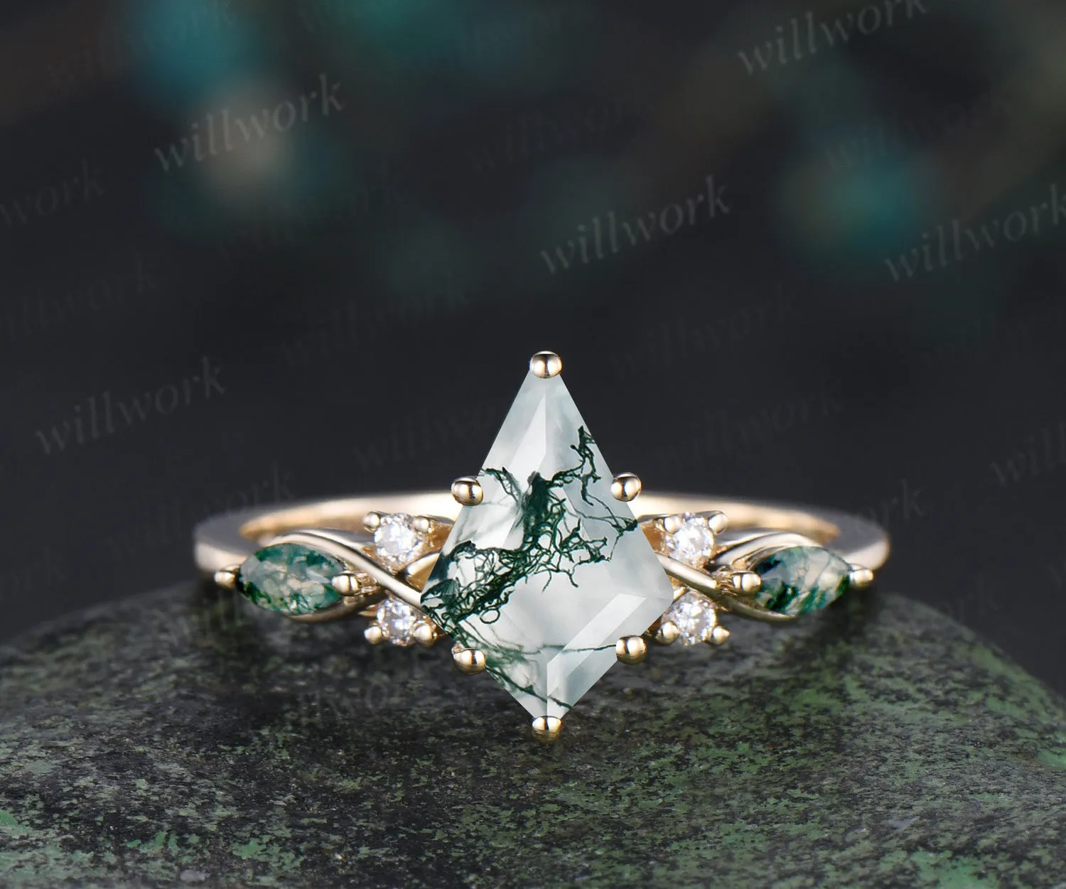 Kite cut moss agate engagement ring set unique marquise moss agate ring diamonds half eternity curved wedding band vintage bridal set sold by Willwork Jewelry product image thumbnail 5