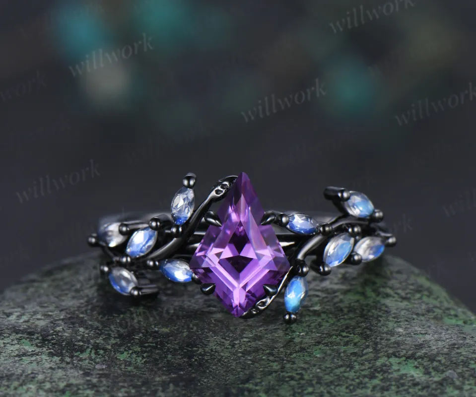 Kite cut amethyst engagement ring unqiue black gold moonstone cluster leaf twig bridal ring anniversary promise ring gifts for her sold by Willwork Jewelry